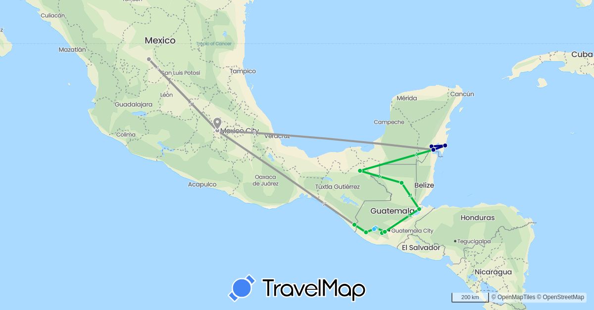 TravelMap itinerary: driving, bus, plane, boat in Guatemala, Mexico (North America)