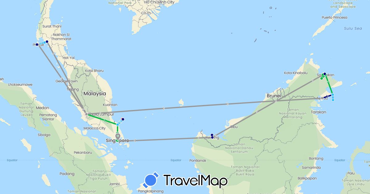 TravelMap itinerary: driving, bus, plane, hiking, boat in Malaysia, Singapore, Thailand (Asia)