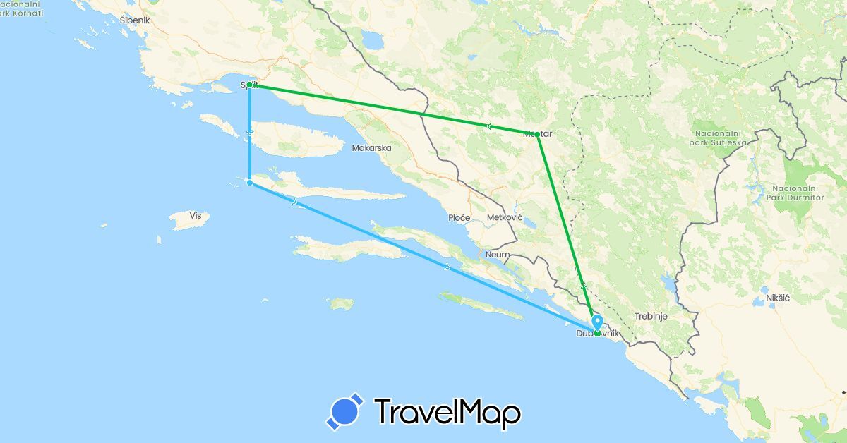 TravelMap itinerary: driving, bus, boat in Bosnia and Herzegovina, Croatia (Europe)